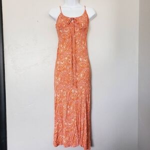 Audrey 3+1 Orange Pink Ivory Floral Maxi Dress Spaghetti Strap Crepe-y XS Small